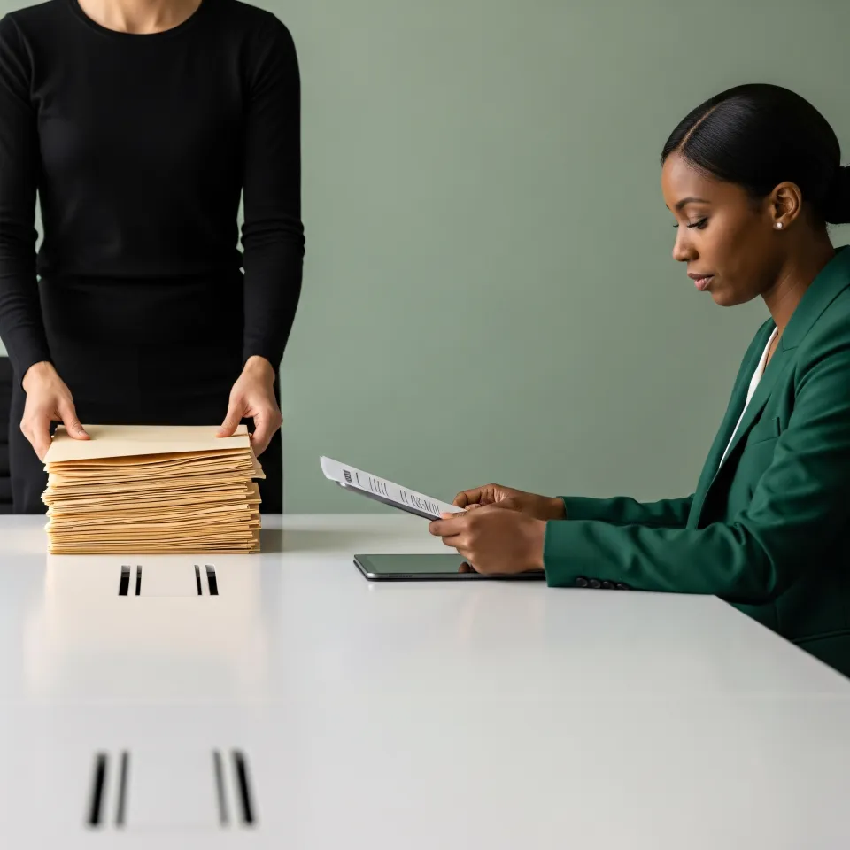 Analista valuta documenti in ufficio